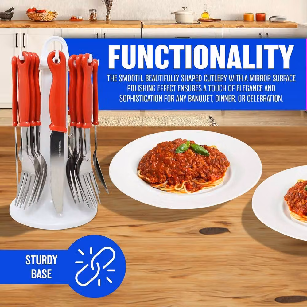 BARGAINS-GALORE 24-Piece Red Polished Stainless Steel Cutlery Set with Metal Drainer Stand – 3