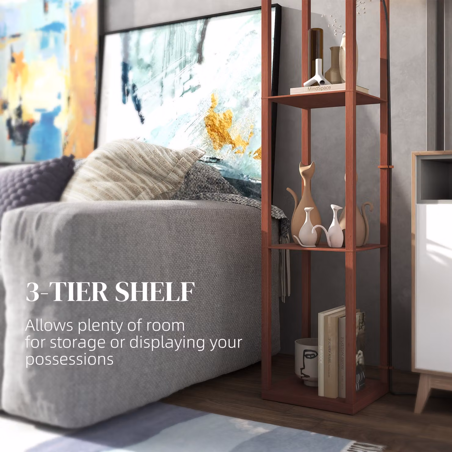 HOMCOM Three-Shelf Modern Floor Lamp in Brown and White with Fabric Shade and Pull Chain, H 160 x W 26 x D 26 cm – 5
