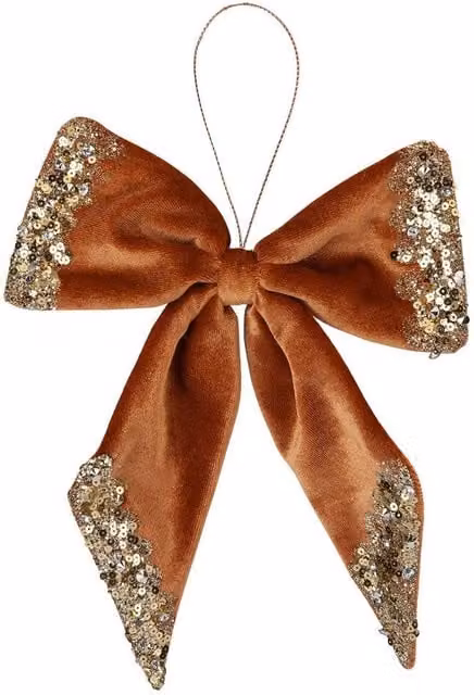 VFM e-Store Christmas Velvet Bow Hanging Decoration, Gold and Brown, W: 22 cm, H: 21 cm