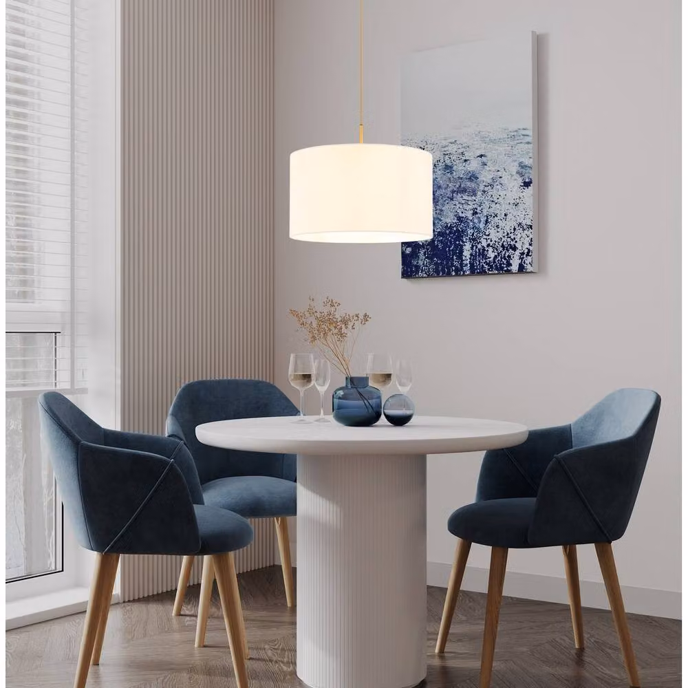 Netlighting Truett Cylindrical Pendant Light with White Linen Shade and Matt Brass Finish, E27, W/D/H: 40 x 40 x 120 cm – 2