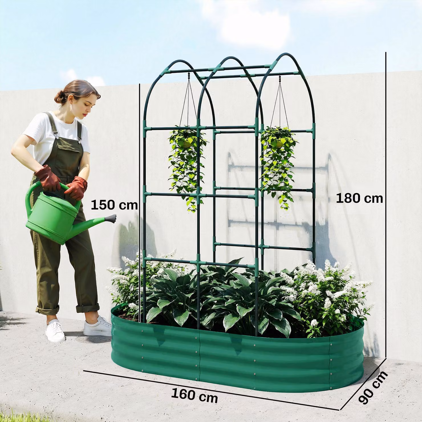 Outsunny Galvanised Steel Raised Garden Bed with Arched Trellis, Green, W: 152.4 cm, D: 91.44 cm, H: 182.88 cm – 3