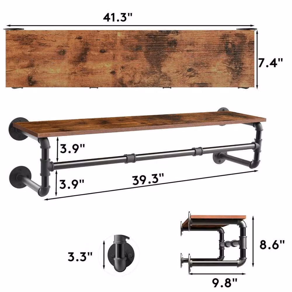 NESTLUNE Industrial Metal and Wood Clothes Rack Rail in Black, W/D/H: 100 x 15 x 15 cm – 2