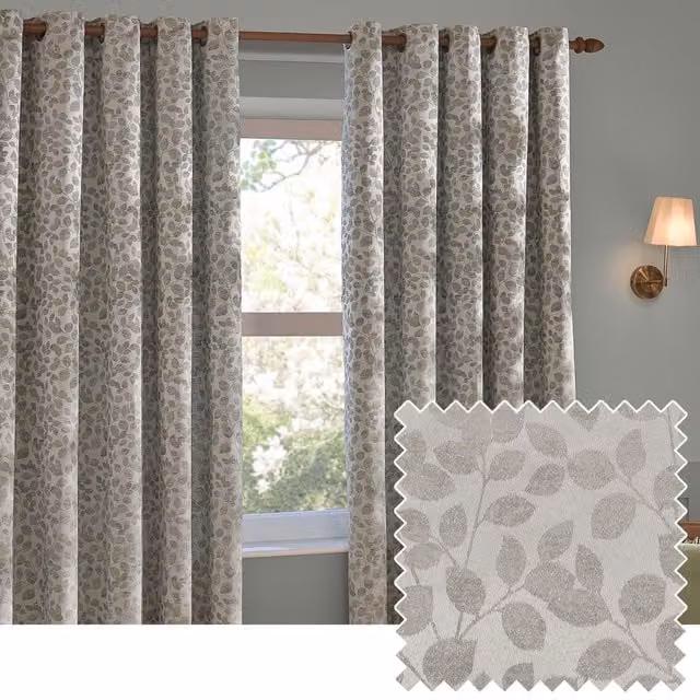 Wylder Grace Mist Grey Leaf Jacquard Floral Eyelet Curtains