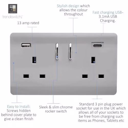 Trendi 2 Gang 13 Amp Flush Socket with 2 x Type A & C 3.1A USB Ports in Brushed Steel Silver/Grey – 1