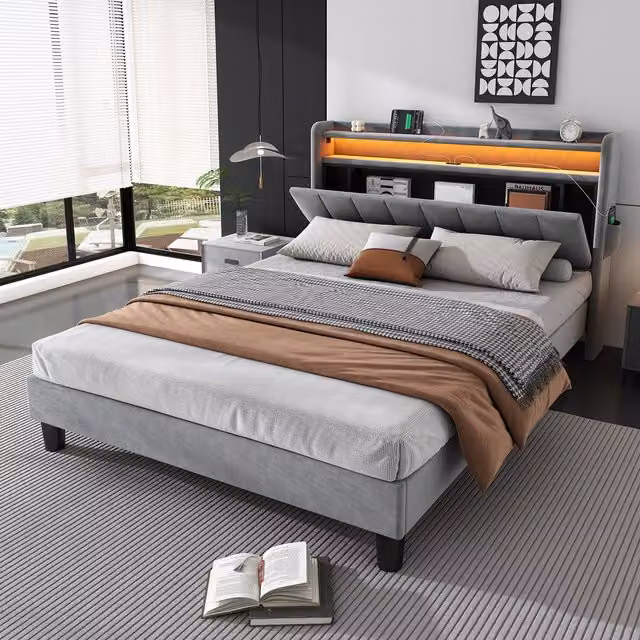 Aosom.UK Double Velvet Upholstered Ottoman Bed with LED Lighting, 4 USB Ports and Under-Bed Storage, Grey, W: 140 cm, D: 204 cm, H: 107 cm – 1