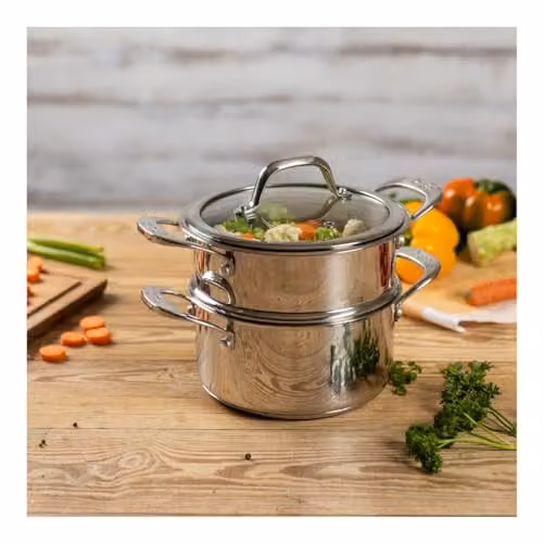 Kuhn Rikon 2-Tier Stainless Steel Steamer Pot Set with Glass Lid, Silver, 2.3 l, Diameter: 18 cm – 2