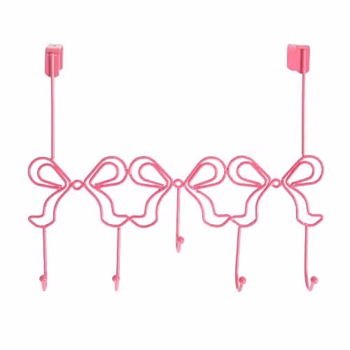 OHS Pink Bow Shaped Metal Over Door Hook Hanger with 5 Hooks for Coats, Bags and Towels