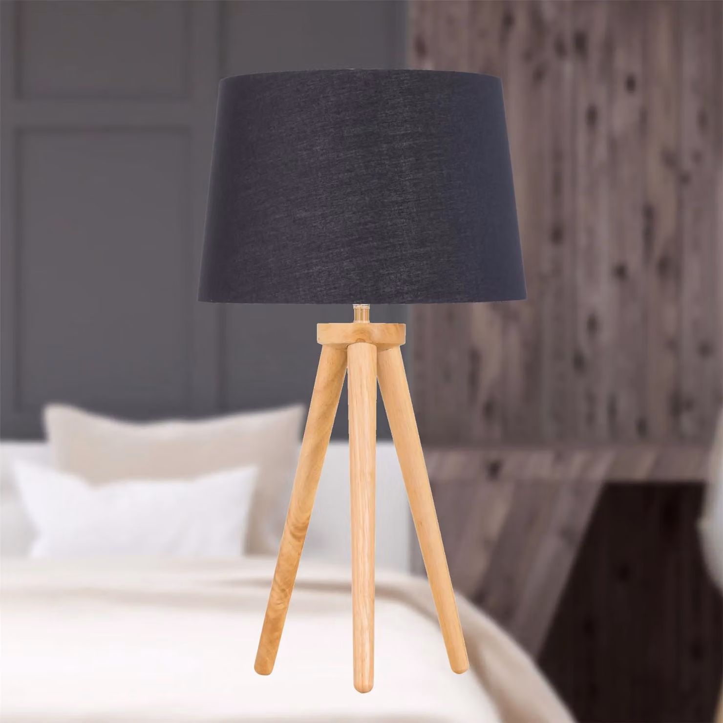 First Choice Lighting Set of 2 Light Oak Table Lamps with Black and Gold Fabric Shades in Brown, H 51 cm x W 28.5 cm x D 28.5 cm – 3