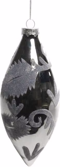 KDMD Grey and Silver Glass Teardrop Christmas Bauble with Velvet Pattern, 2 Pack, Height: 16 cm – 1