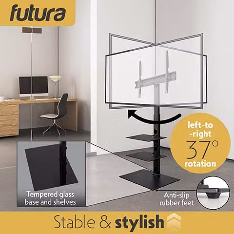 Futura Modern Black Floor TV Stand with Media Compartments and Integrated Cable Channel – 4