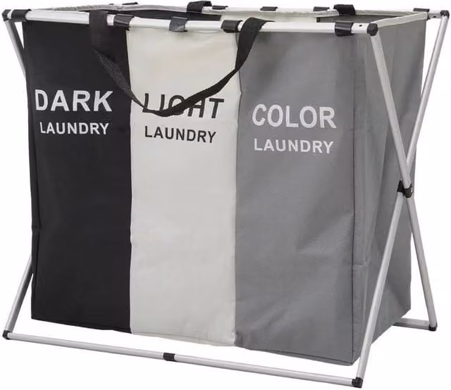 KORVIXA Foldable Laundry Basket with 3 Compartments and Removable Bags, Multicolour, W: 38 cm, D: 38 cm, H: 58 cm