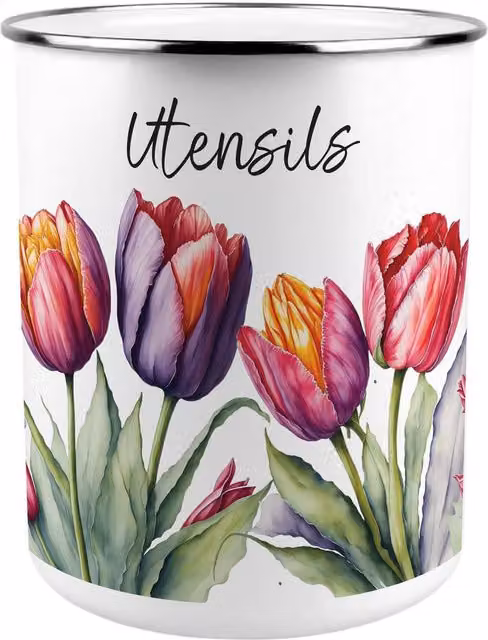 Purely Home Tulips Kitchen Utensil Holder in Purple and White Metal