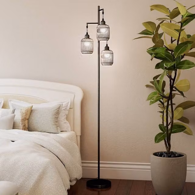 Costway 3-Light Farmhouse Floor Lamp in Black with Foot Switch, Height: 173 cm – 1