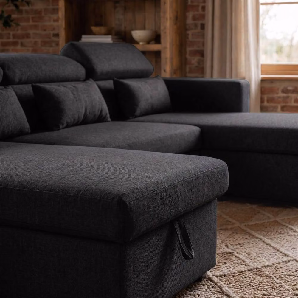 Sofaya Chelsea U-Shape Convertible Sofa Bed with Hidden Storage in Black Fabric – 3