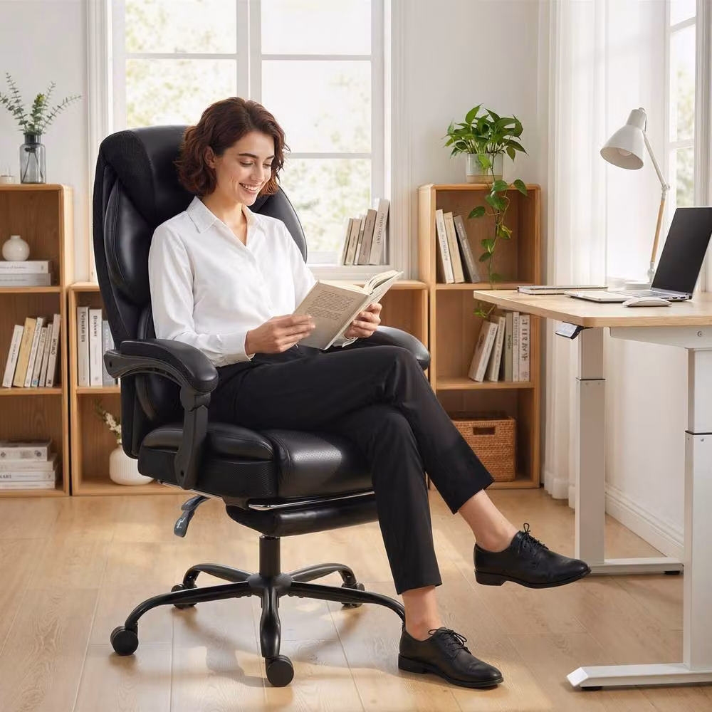 STILVORA Black Synthetic Leather Office Chair with Footrest, Reclining Function, Headrest and 360 Degree Swivel – 8