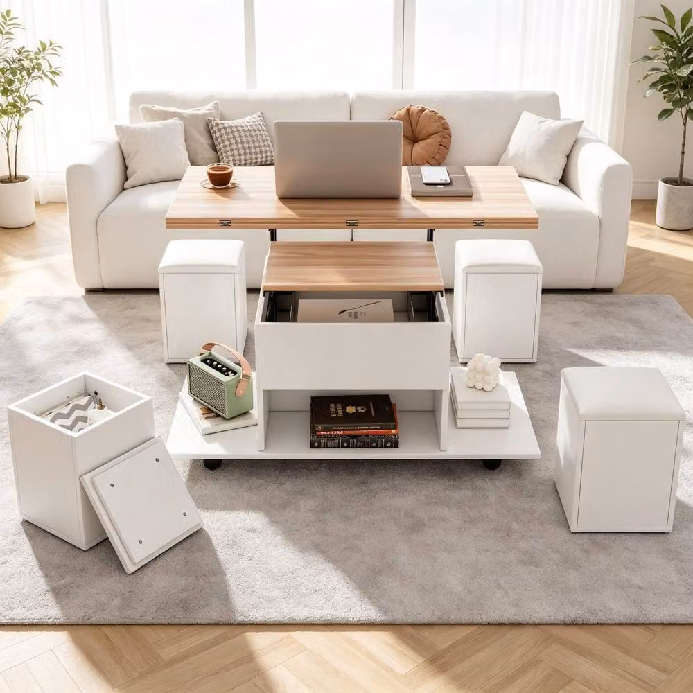 Merax White Lift Top Coffee Table with 4 Hidden Stools and Storage Compartment – 4