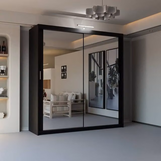 Sliding Wardrobes 4U Modern Black Mirror Sliding Wardrobe with Integrated LED Light W: 180 cm, H: 217 cm – 1