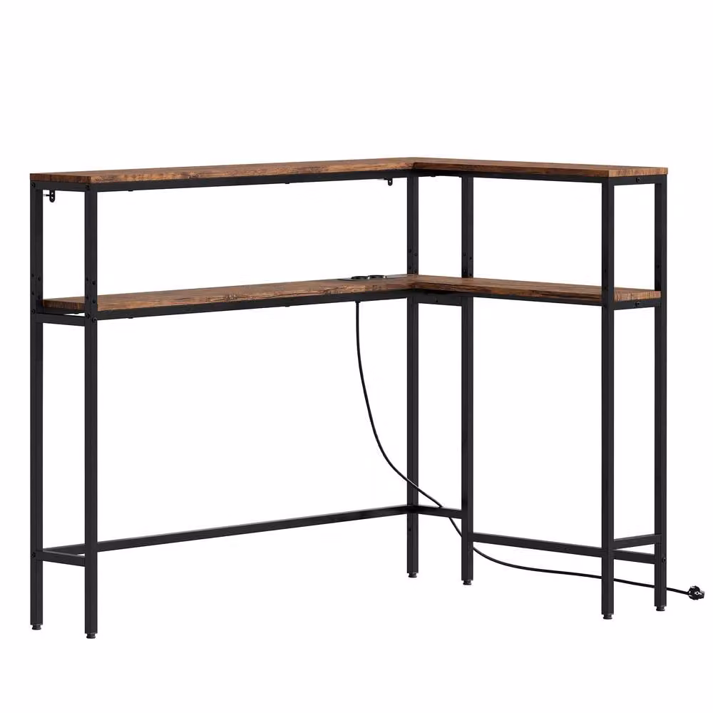 SoBuy L-Shaped Industrial Console Table with Integrated Power Socket in Brown and Black – 2