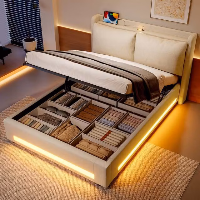 Matteo Modern Upholstered Super King Bed in Beige with Lift-Up Storage, LED Lighting, USB Charging Port and Bedside Shelf, W/D/H: 200 x 181 x 114 cm