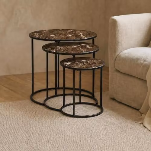 OHS Manhattan Nest of 3 Round Side Coffee Tables in Chocolate Marble Effect – 1