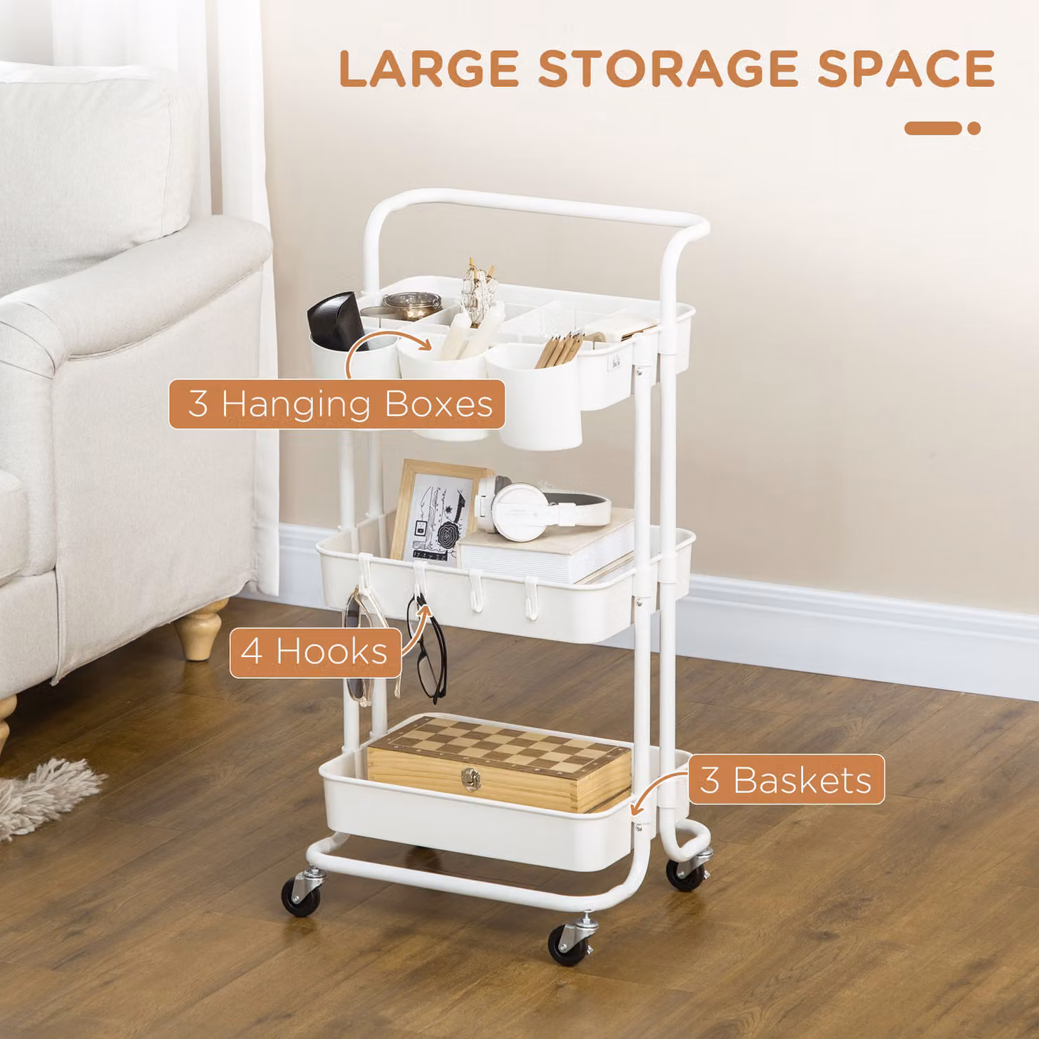 HOMCOM Three-Tier Home Trolley with Handle and Wheels in White – 2