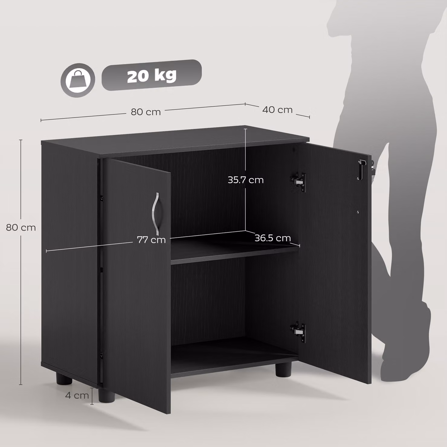 HOMCOM Black Lockable File Cabinet with Hinged Doors and Internal Shelves, W/D/H: 80 x 40 x 80 cm – 3