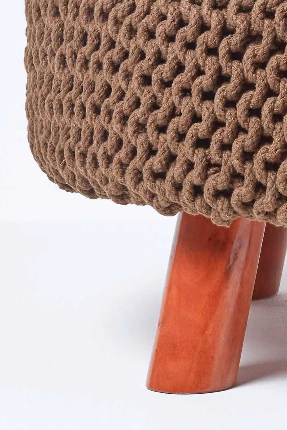 Homescapes Large Round Cotton Knitted Footstool on Legs in Brown – 3