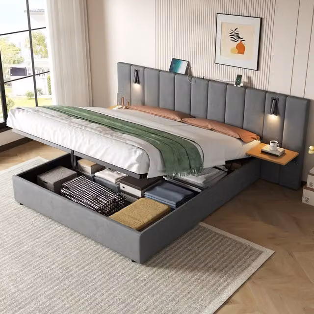 AKA King Upholstered Storage Bed in Grey Velvet with USB Charging Port, Integrated Reading Light and Bedside Shelf, W/D/H: 180 x 200 cm