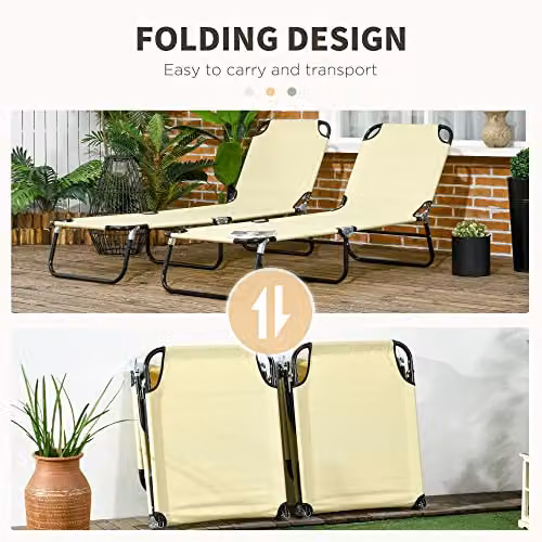 Outsunny Set of 2 Folding Sun Loungers with Adjustable Headrest in Beige – 3