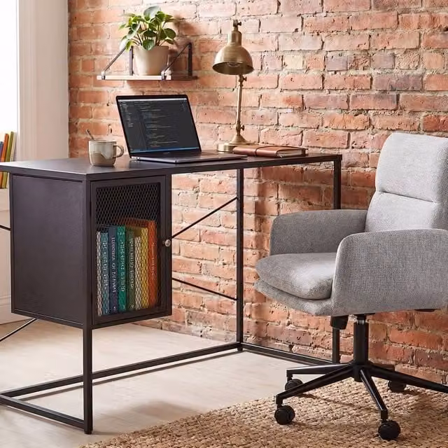 Wyld and Coco Industrial Steel Writing Desk with Mesh Storage Doors in Black – 1
