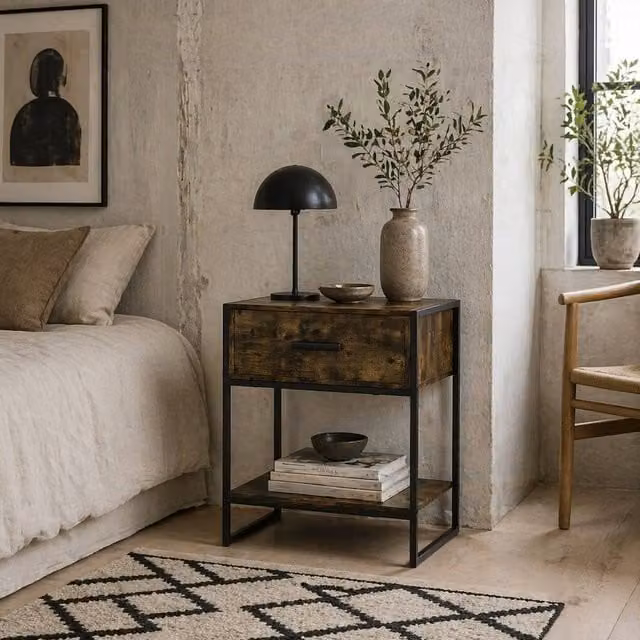 Wyld Haus Likeli Rustic Brown Bedside Table with Drawer and Bottom Shelf, W/D/H: 40 x 40 x 60 cm