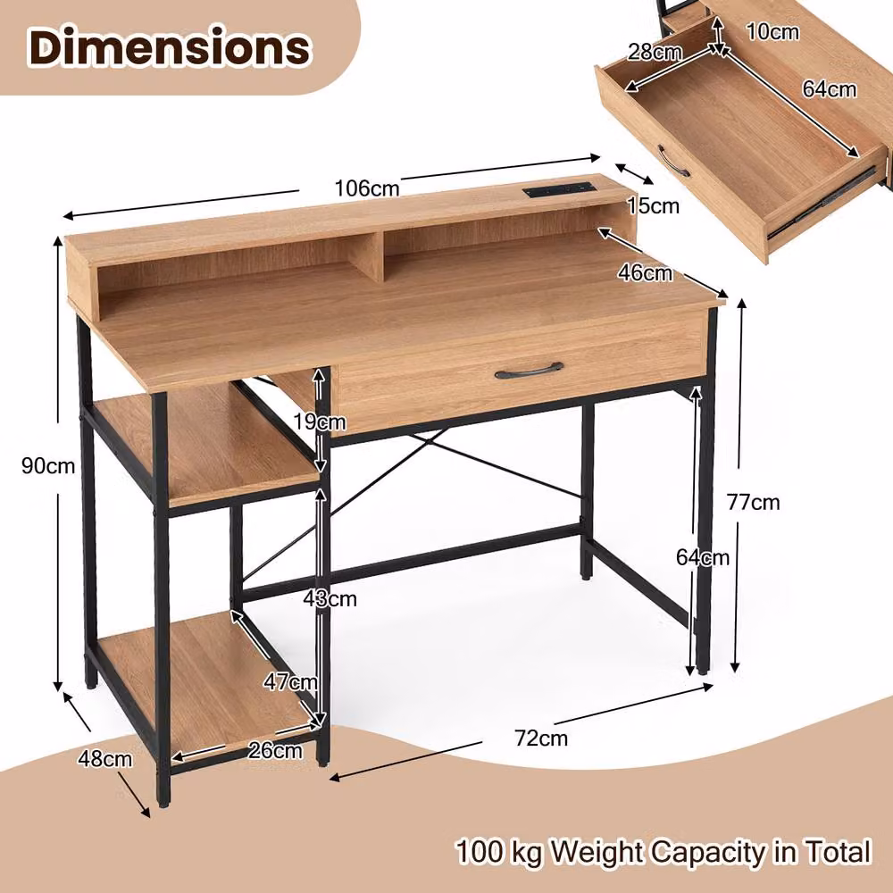 Costway Modern Computer Desk with Power Outlets in Brown – 2