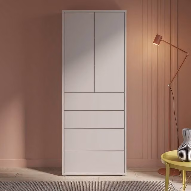 Furniture To Go Alice Springs Tall Cabinet with Push-Open Doors and 4 Drawers in Sand Beige – 1