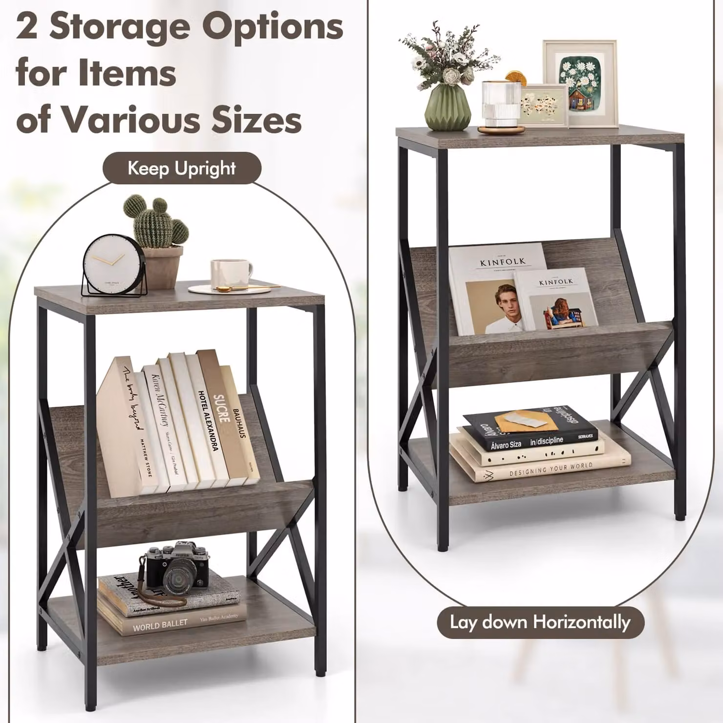 Gymax 3-Tier White Side Table with V-Shaped Magazine Holder and Metal Frame – 3