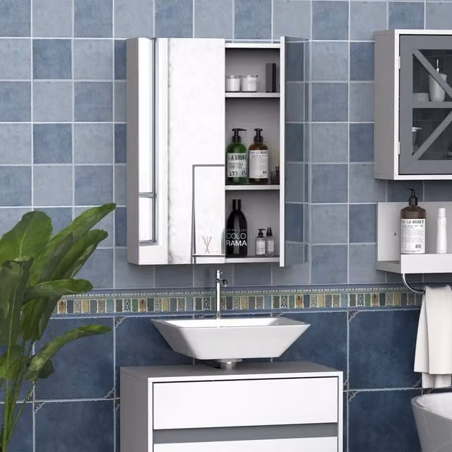 HOMCOM Modern White Wall Mounted Bathroom Mirror Cabinet with Hinged Doors and Internal Shelves