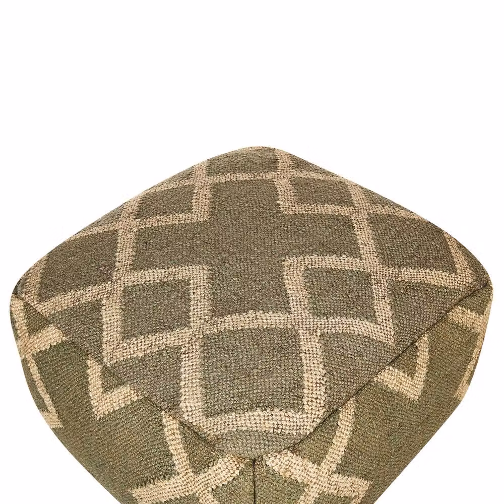 Wyld and Coco Nordic Geometric Jute and Wool Pouffe, Green and Beige, W/D/H: 50 x 50 x 50 cm – 3