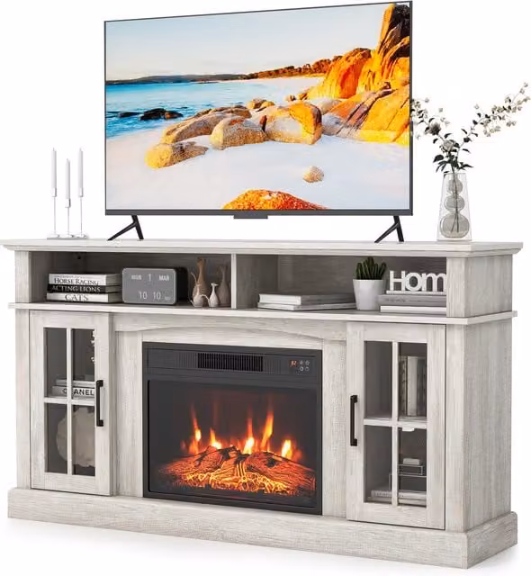Costway Rustic 58 Inch Fireplace TV Stand in Grey