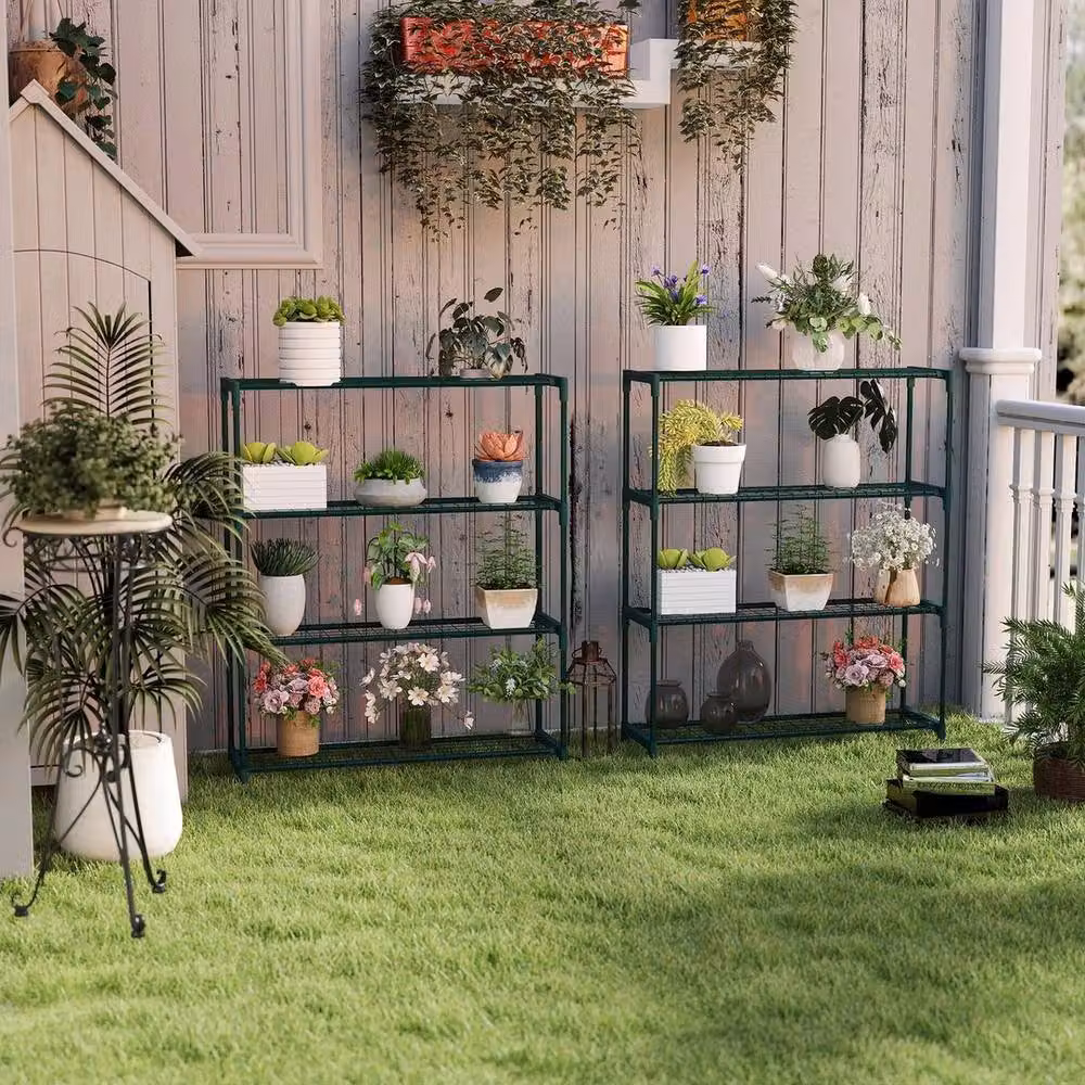 KORVIXA 4-Tier Metal Planter Holder Display Rack in Green, H 107 x W 89 x D 22 cm – 3