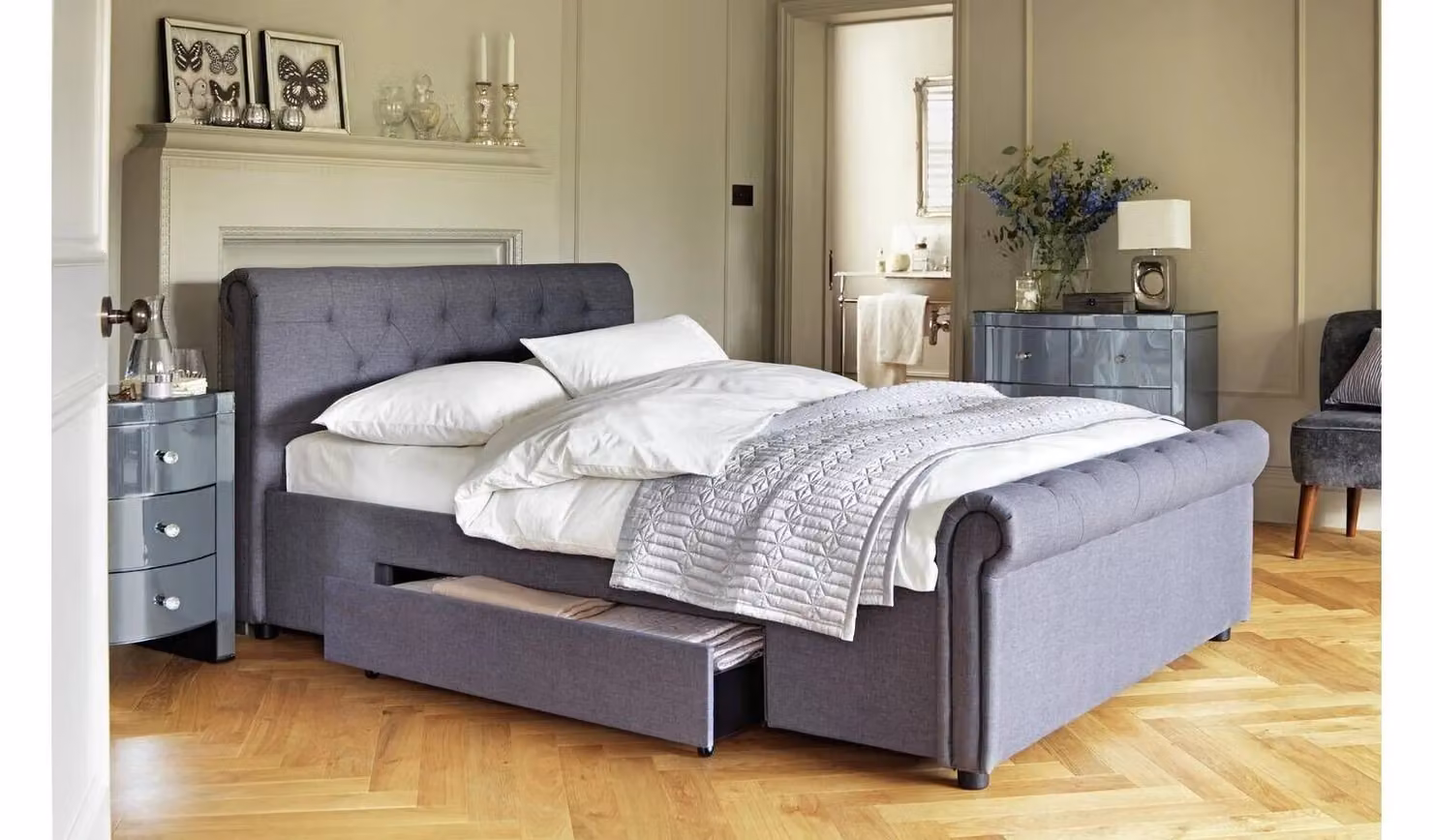 Newbury Double Upholstered Fabric Bed Frame with 2 Drawers in Grey, W/D/H: 150 x 200 x 96 cm
