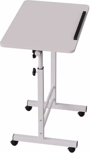 KORVIXA Foldable Mobile Bedside Table and Laptop Desk in White, Height Adjustable and Tilting Top