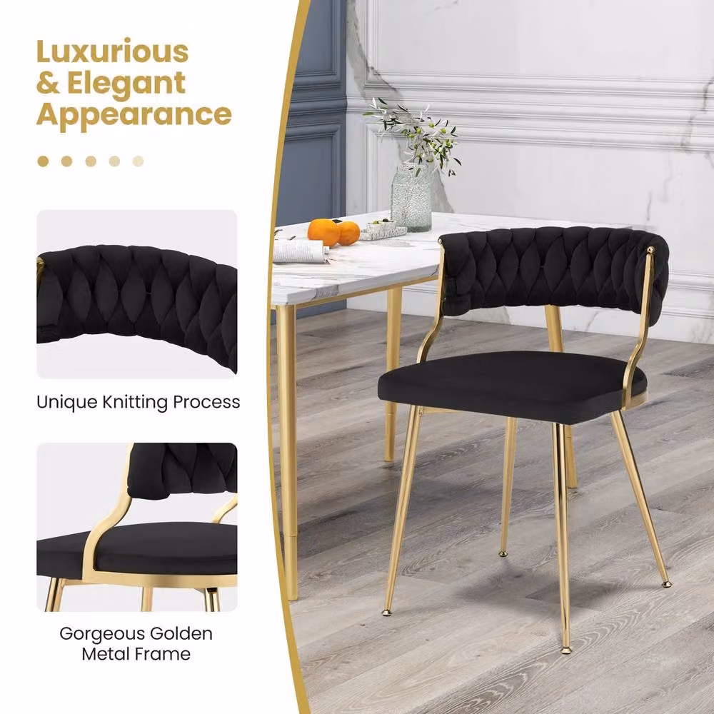 Costway Set of 2 Black Velvet Upholstered Armless Dining Chairs with Woven Back and Gold Metal Legs – 5