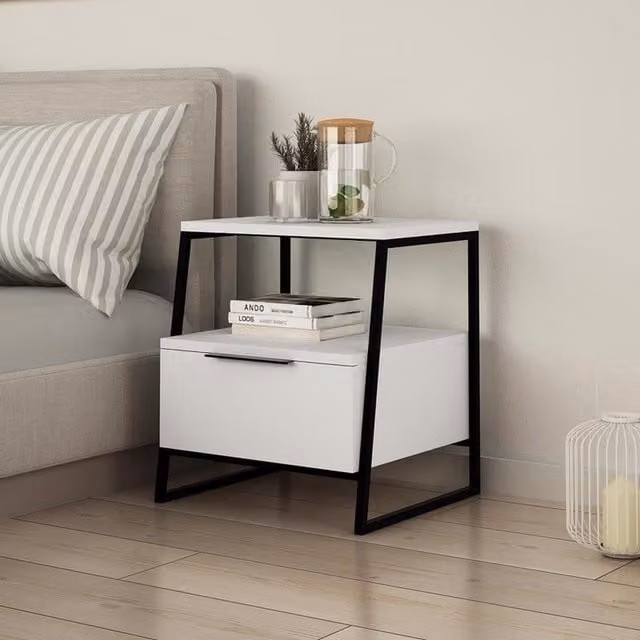 FWStyle White Lacquered 1 Door Bedside Table Cabinet Nightstand
