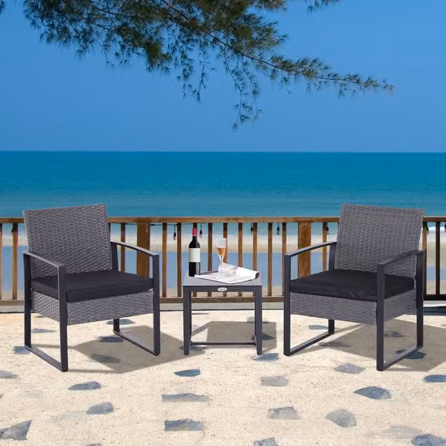 Outsunny 3 Piece Grey Polyrattan Bistro Dining Set with Square Glass Table