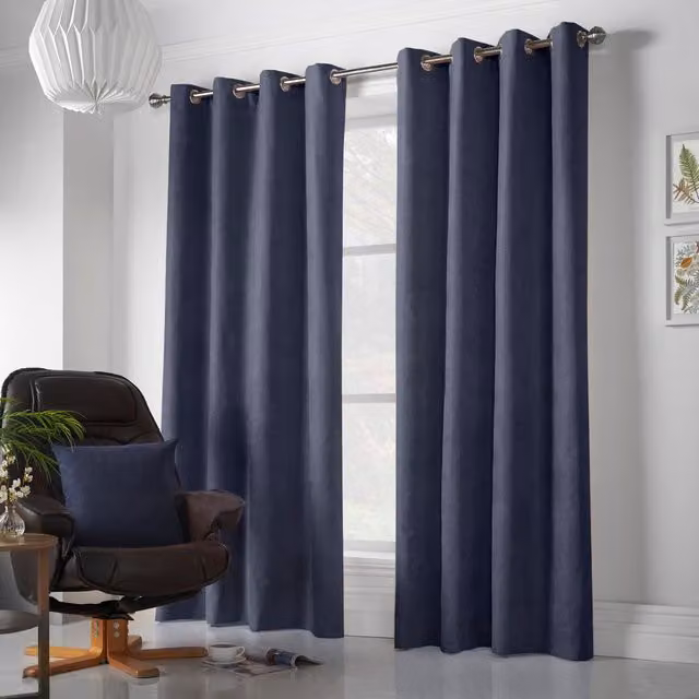 Luxury Living Velvet Chenille Eyelet Curtains Pair in Blue, Width: 142 cm, Drop: 229 cm – 1