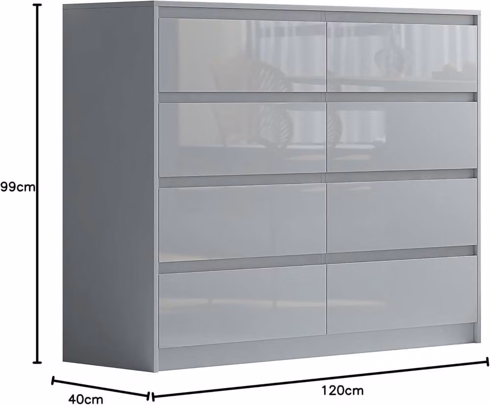 Harmin Grey 8 Drawer High Gloss Chest of Drawers with Sleek Handleless Design – 3