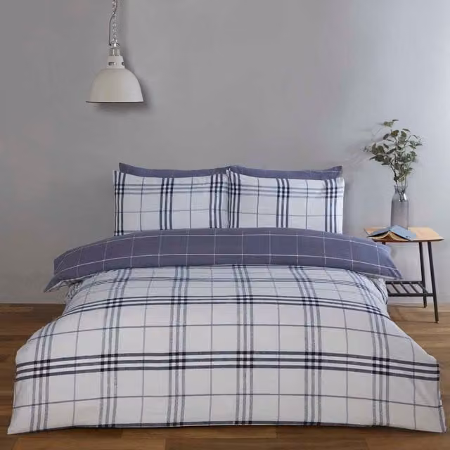Rapport Home Harris Check Microfibre Reversible Duvet Cover Set in Blue and Grey, W: 180 cm x L: 200 cm