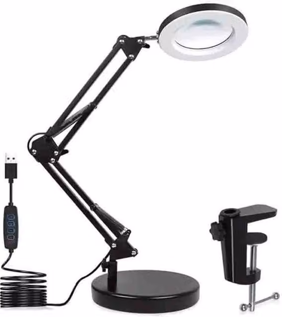 Kelvenix Dimmable LED Magnifier Desk Lamp with Light Stand in Black