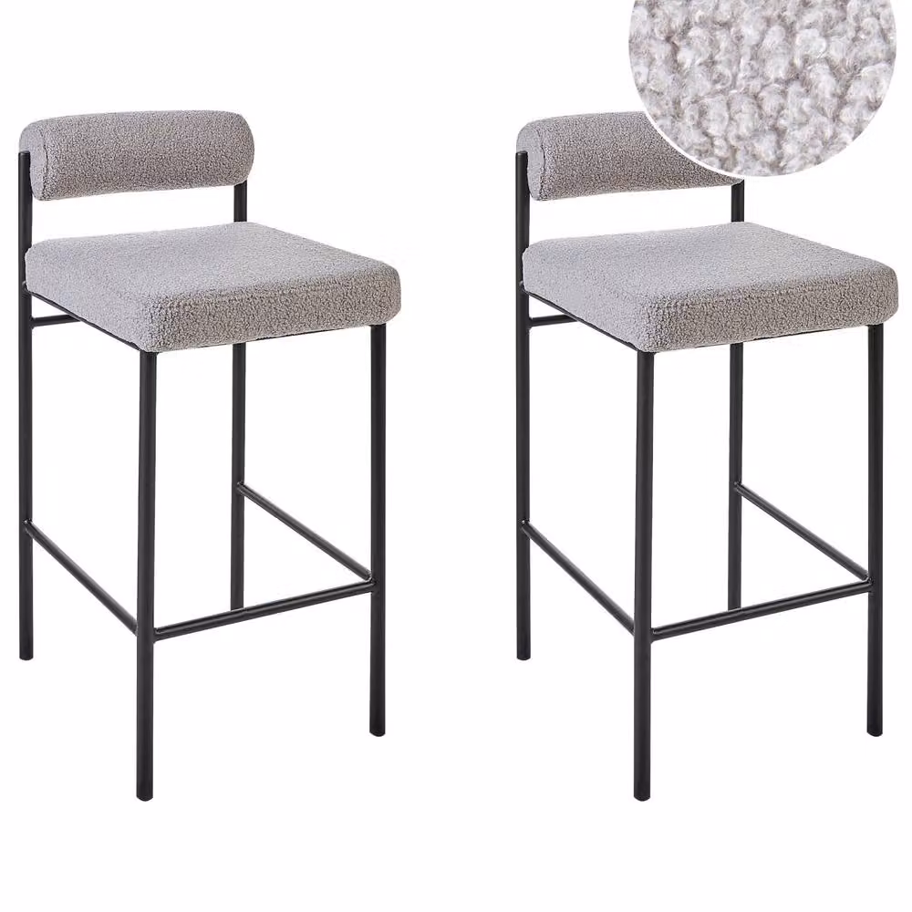 Wyld and Coco Set of 2 Grey Boucle Bar Chairs with Black Metal Legs and Roll Backrest – 2