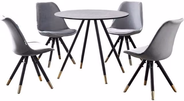 Life Interiors Sofia Dorchester LUX Dining Set with Round Table and 4 Chairs in Grey, Black and Gold – 1