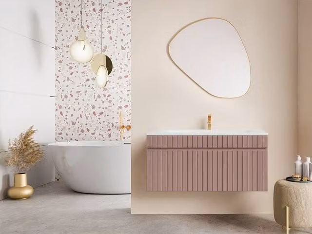 Vente-unique Wall-Mounted Ribbed Bathroom Unit with Inset Basin, Pink, W: 100 cm, D: 46 cm, H: 46 cm – 1
